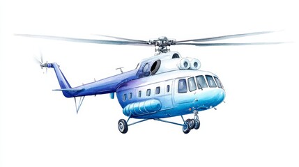 Blue and White Helicopter Illustration - A detailed illustration of a blue and white helicopter against a white background. Perfect for transportation, travel, or aviation related projects