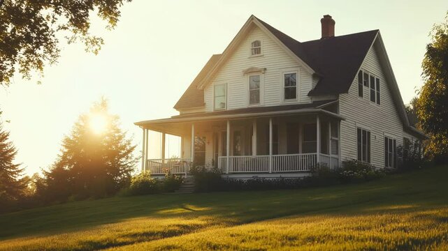 A large white house with a porch and a chimney. The house is surrounded by trees and the sun is shining on it