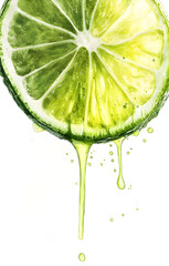 Drops of juice dripping from sliced lime isolated on a white background