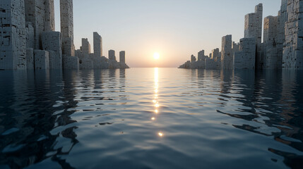 Fototapeta premium Dreamscape City at Sunset: A serene scene depicts a futuristic city rising from calm waters, reflecting the warm hues of a setting sun, evoking a sense of tranquility and wonder. 