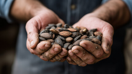 Farmer's Tender Harvest: A weathered farmer's hands cradling a bounty of cacao beans. The image evokes the essence of nature's bounty, the artisan touch, and the source of indulgent treats.
