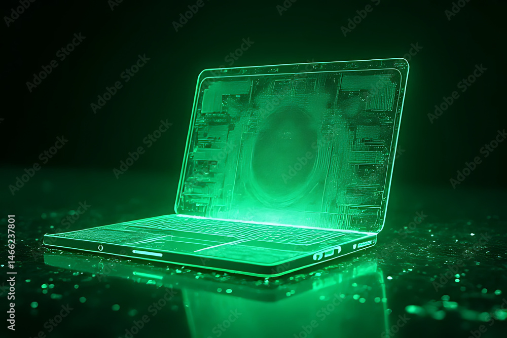 Aufkleber futuristic digital laptop displaying circuitry virtual space 3d render neon glow tech concept