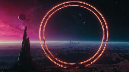 A vivid alien landscape with a glowing ring structure and distant planets in the sky above