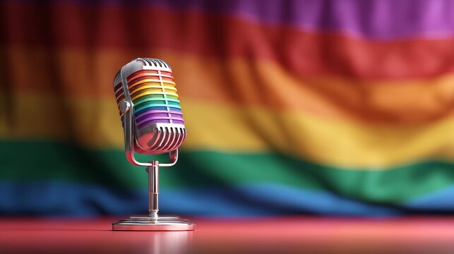 Podium with rainbow microphone against vibrant flag symbolizing pride and inclusivity