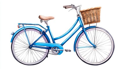 Classic Blue Bicycle with Basket - A watercolor painting of a vintage- blue bicycle with a wicker basket. Perfect for travel, nature, and lifestyle themes