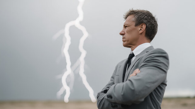 Weathering the Storm: A resolute individual, framed against a turbulent sky and a dramatic lightning strike, embodies resilience and fortitude in the face of adversity.