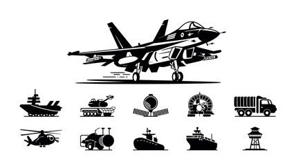 Military Vehicles Icons Jet Tank Ship Helicopter Submarine Radar Art