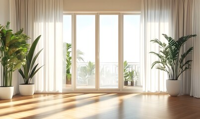 Bright Living Room Sunlight: Sunlight streams into a bright and airy living room, illuminating potted plants and sheer curtains. The wooden floor reflects the warm glow.