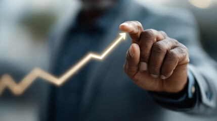 Rising Above: A businessperson, pointing upward with a sense of achievement, symbolizes growth and success with an upward trending graph. The focus is on the power of ambition and forward movement.