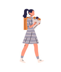 Student carries flowers to present it to teacher. Kid with backpack brings bouquet for Knowledge Day. Happy girl with gift posy goes to school for holiday. Flat isolated vector illustration on white