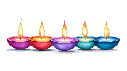 Colorful Diwali Diyas Watercolor - Five vibrant diyas, symbolizing light, hope, celebration, spirituality, and peace, glow brightly in a watercolor painting