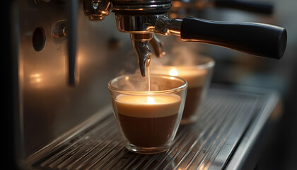 Artisan Coffee Creation: An espresso machine crafts a latte, its rich aroma and intricate froth design. The shot of espresso is  creating a perfect cup