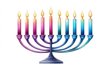 Fototapeta premium Colorful Menorah with Lit Candles - A vibrant watercolor illustration of a menorah with nine brightly colored candles lit, perfect for Hanukkah celebrations