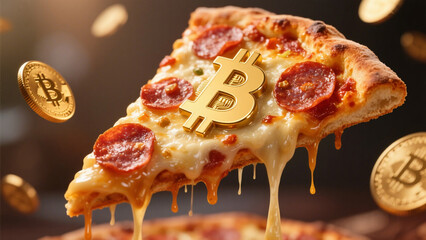 A realistic, highly detailed slice of hot pepperoni pizza with melted cheese stretching, topped with a shiny golden Bitcoin symbol.