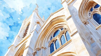 Old European cathedral in textured watercolor style, architectural details softly defined, background faded into open light sky, elegant and quiet mood