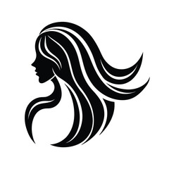 Elegant silhouette of a woman with flowing long hair in black and white for beauty designs