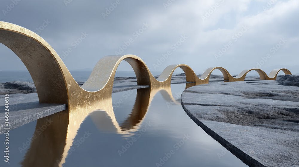 Poster golden architecture on the water: a striking, artistic composition features a golden, looping archit