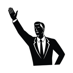 Businessman in a suit waving with a hand upward black and white vector illustration for business concepts