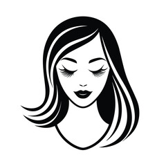 Elegant black and white illustration of a woman's face with long eyelashes and flowing hair