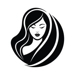 Elegant black and white illustration of a woman with long flowing hair in a minimalist style