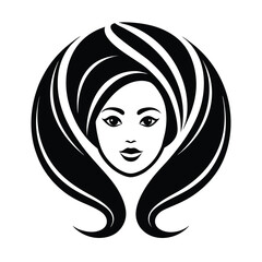 Elegant black and white illustration of a woman's face surrounded by flowing hair in a circular arrangement