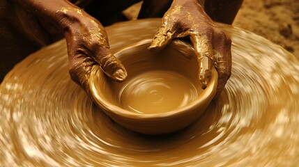 Hands Rotating a Clay Pot: Close-up of hands rotating a clay pot on a wheel, with clay streaks showing the movement and shaping process. 
