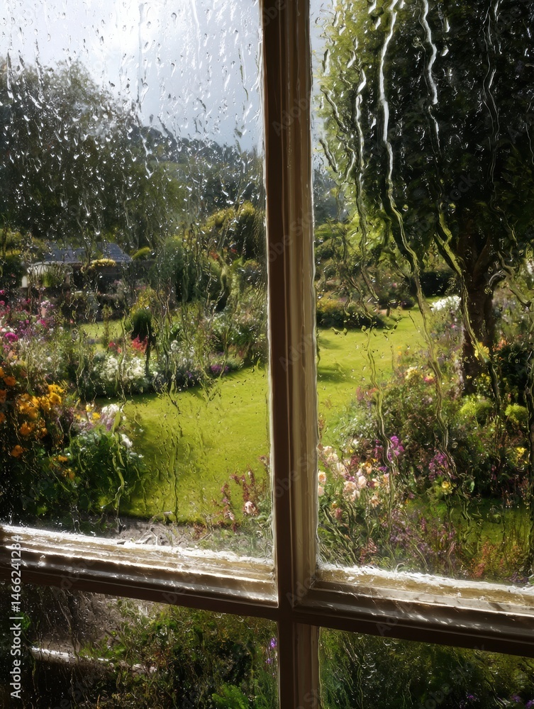 Poster rain trails on window with vibrant garden view in the background showcasing natures beauty on a rain