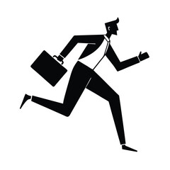 Running businessman with briefcase black and white simple illustration of hurry business concept