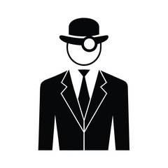 Minimalist silhouette illustration of a gentleman in a suit and bowler hat symbolizing espionage or professionalism