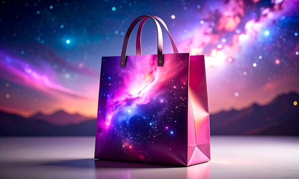 Pink Shopping Bag with Abstract Cosmic Galaxy Print Against a Starry Nebula Backdrop