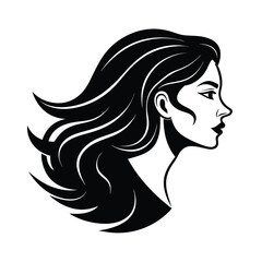 Elegant silhouette portrait of a woman with flowing hair in side profile view against a white background
