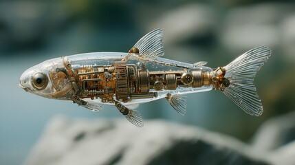 Fototapeta premium Mechanical Marvel: A futuristic robotic fish swims gracefully in an aquatic scene, a marvel of engineering innovation, its inner workings and delicate form on display.