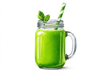 Fresh Green Smoothie in Mason Jar - Refreshing green smoothie in a mason jar with a striped straw and fresh mint. Symbolizing health, vitality, freshness, nature, and rejuvenation