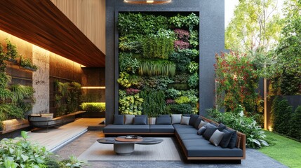 Vertical garden oasis featuring outdoor living space with lush plant wall design