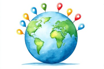 Global Destinations Map - Watercolor illustration of Earth with colorful location pins, representing travel and exploration around the world