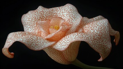 Close-up of a delicate, patterned flower with ruffled petals.  Soft peachy-pink hues and dotted white markings.  Intricate, elegant structure