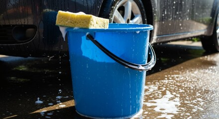 AI image features a bright blue bucket with a soapy yellow sponge resting on top, essential tools for a thorough car wash.