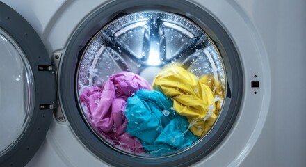 AI image shows a close-up of colorful clothes tumbling inside a washing machine drum filled with water, mid-cycle action captured.