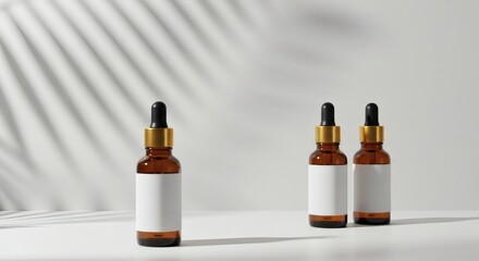 AI image features three amber glass serum bottles with white labels and droppers, ideal for cosmetic mockups, with minimalist shadows.