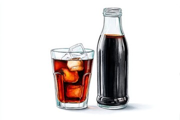 Iced Coffee in Glass and Bottle - Refreshing iced coffee in a glass with ice cubes, next to a bottle of coffee concentrate. Perfect for summer