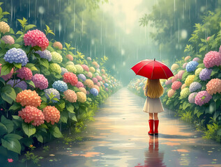 雨の中カラフルな紫陽花の咲く道に立つ赤い傘をさした女の子の後ろ姿

