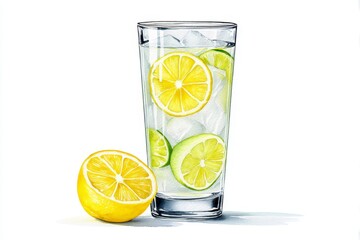 Iced Lemon Lime Watercolor - Refreshing summer drink, vibrant citrus, ice cubes, cool beverage, healthy hydration