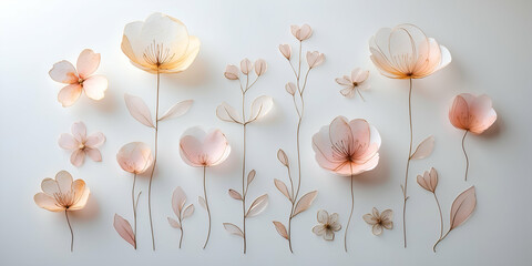 Delicate floral arrangement with translucent petals on clean white background