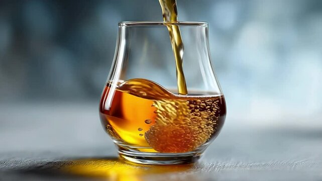 close-up of golden whiskey being poured into a clear glass.