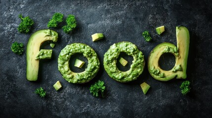 Culinary concept with avocado letter art displaying the word 'food' on dark surface