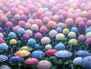 雨の中の沢山のカラフルな紫陽花の花と傘
