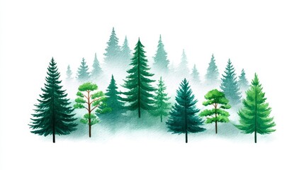 Obraz premium Misty Evergreen Forest Scene - Watercolor painting of a misty forest with various evergreen trees, creating a serene and peaceful atmosphere