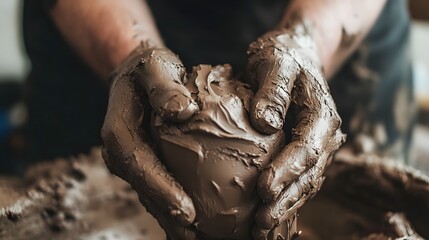 Sculptor’s Hands Covered in Clay: A sculptor's hands fully covered in moist clay, fingers gently massaging a raw piece into a recognizable shape. 
