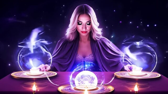 Oracle or fortuneteller witch with crystal ball and tarot cards predicting future