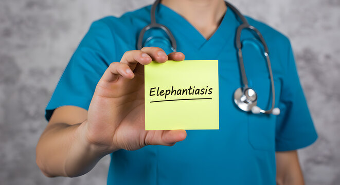 Doctor in Blue Scrubs Holding Elephantiasis Note in Hand with Stethoscope Around Neck